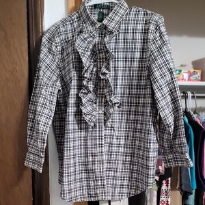 Ralph Lauren Black & White Plaid Ruffle-Front Blouse